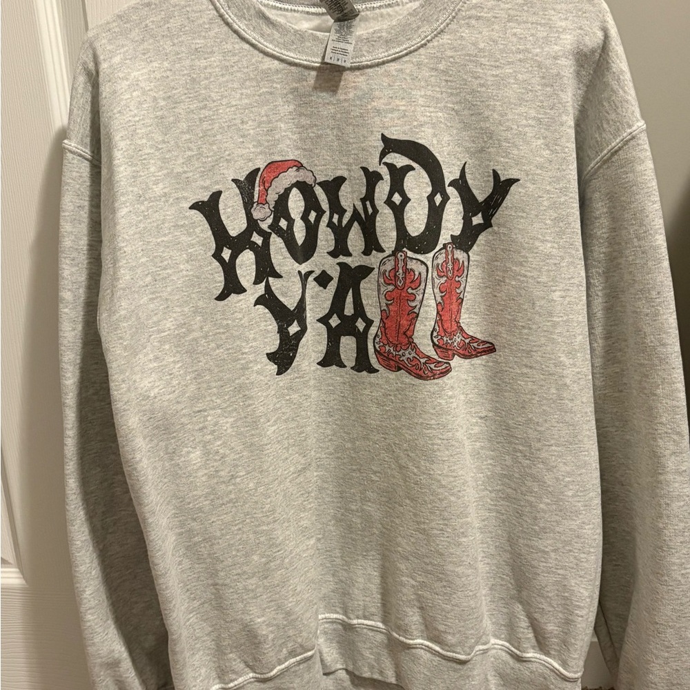 Gildan Gray Crewneck Sweater with 'Howdy Y'all' Santa Design